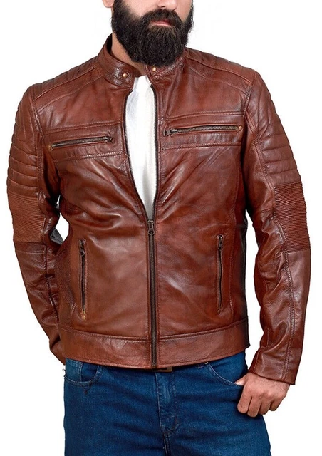 Giacca Biker da Uomo Cafe Racer Marrone Pelle Moto Giacca In Pelle Effettivata