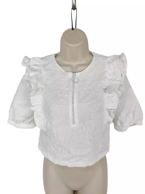 Womens Zara Size Small S White Short Sleeve 1/2 Zip Frill Crop Tshirt Blouse Top