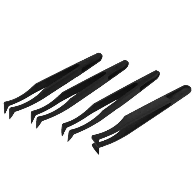 4 Pcs Plastic Curved Tip Anti Static Tweezers Nipper Black 12cm Length