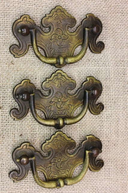 3 Old Drop Handles Drawer Bail Pulls Wash Stand Brass 2.5” Center Hand Decorated