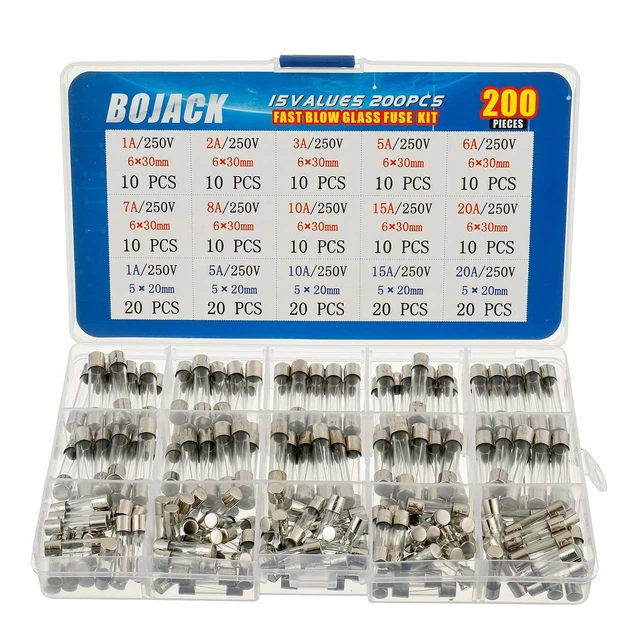 15 Valeurs 200 Pièces Kit D'Assortiment De Fusibles En Verre À Fusion Rapide 5X2