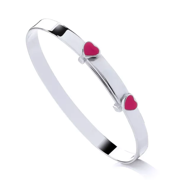 925 Sterling Silver Expanding Pink HEART Expanding Baby Bangle Girl Child's