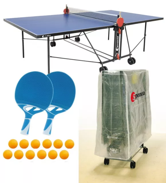 outdoor Tischtennisplatte Sponeta  S 1-43 e blau im Set mit Hülle u Schlägerset