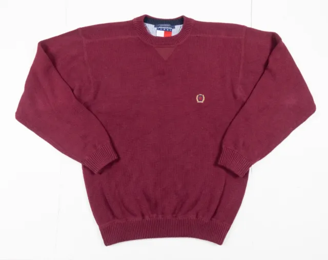 Tommy Hilfiger Sweater Adult Medium Burgandy Crewneck Knit Pullover Heavy Y2K