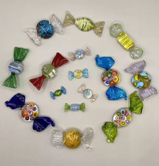 Vtg Lot of 15 Blown Glass Murano Millefiori Style Wrapped Art Glass Candy Pieces