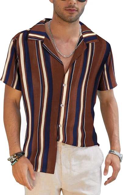 COOFANDY Mens Hawaiian Shirts Short Sleeve Striped Shirt Button Down Beach Shirt