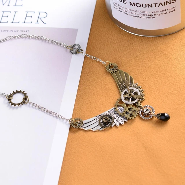 Steampunk Gear Hour Hand Feather  Pendant Necklace Chain for Women Men
