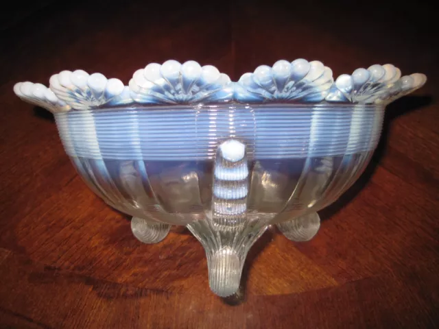 Vintage Antique Opalescent Crested Conch Footed Pattern Glass Bowl