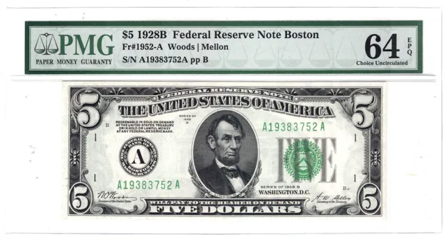 1928 B $5 Boston Federal Reserve Note Fr# 1952-A PMG ChCU-64 EPQ Y00009830