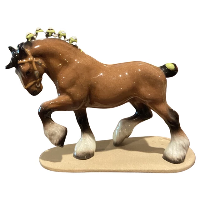 Hagen-Renaker Ceramic Clydesdale Horse on base A3127, brown w/ green ribbons