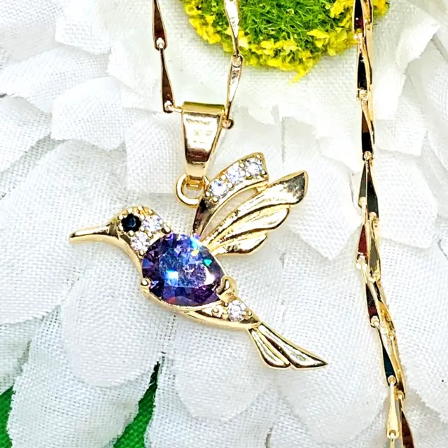 14K GOLD PLATED hummingbird Pendant W/ Amethyst & White Cz Necklace ...
