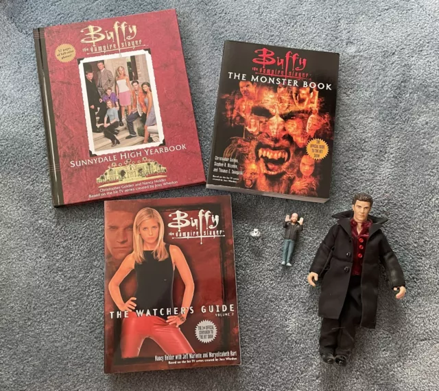 3 Buffy The Vampire Slayer Books and Angel and Joss Whedon Action Figures