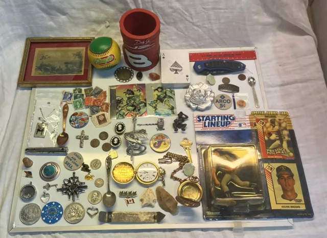 Junk Drawer Lot Vintage Baseball Coins Knife Pocket Watch Arrowheads Tokens Pins