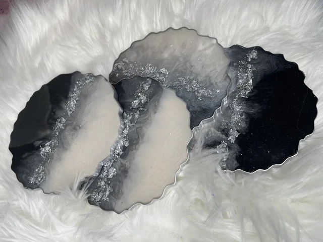 Handmade Agate Geode Style Resin Coaster set of 4 black/silver/ wedding/gift