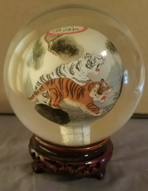 Vintage Crystal Ball Reverse Hand Painted Chinese On Stand Premier Example !