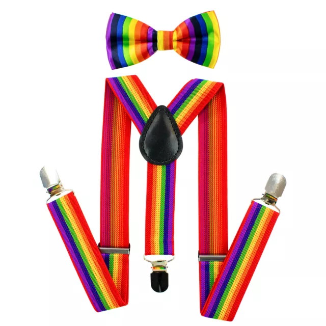 TRIXES 2PC Rainbow Bow Tie & Braces NEW Elasticated Suspenders Pride Accessory L