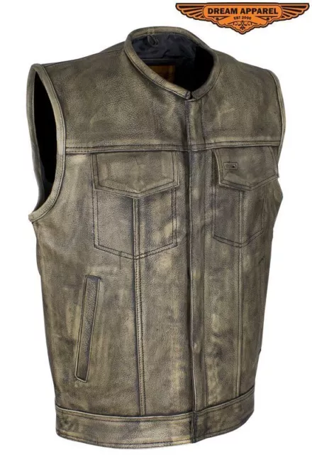 Men's Distressed Brown Naked Cowhide Leather Vest Motorcycle Waistcoat