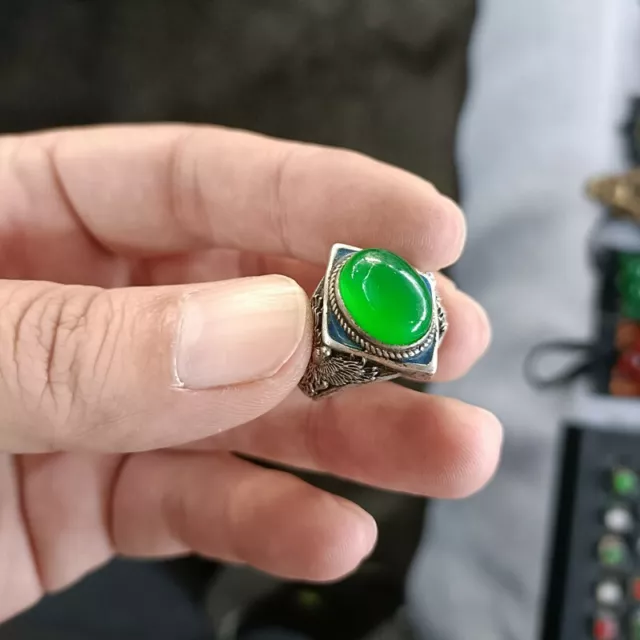 Exquisite Chinese Tibet Silver Inlay Green Jade Handmade Ring