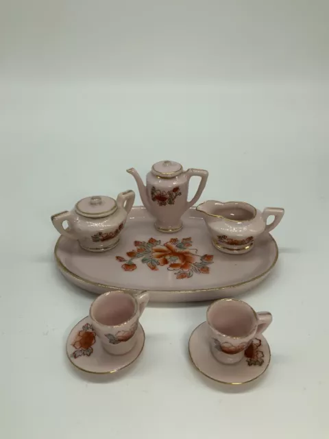 Vintage Miniature Tea Set Porcelain 10 pcs Pink Occupied Japan Gold Trim Accents