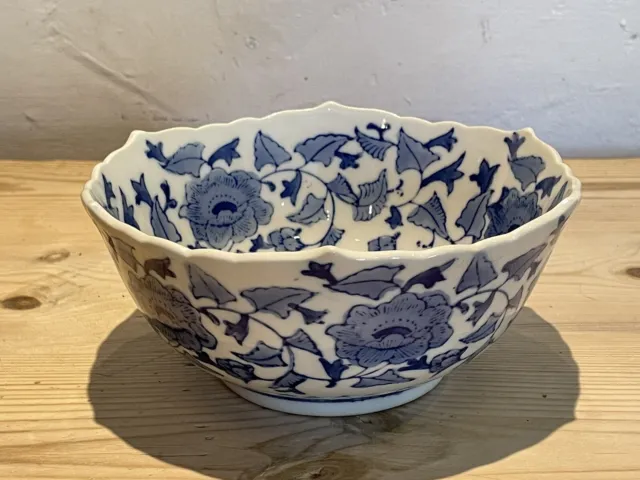 Blue & White Hexagonal Bowl. Flowers. Leaves. Scrolls