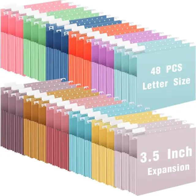 24 Pcs Extra Capacity Hanging File Folders Letter Size 3.5 Inch Expansion Colore