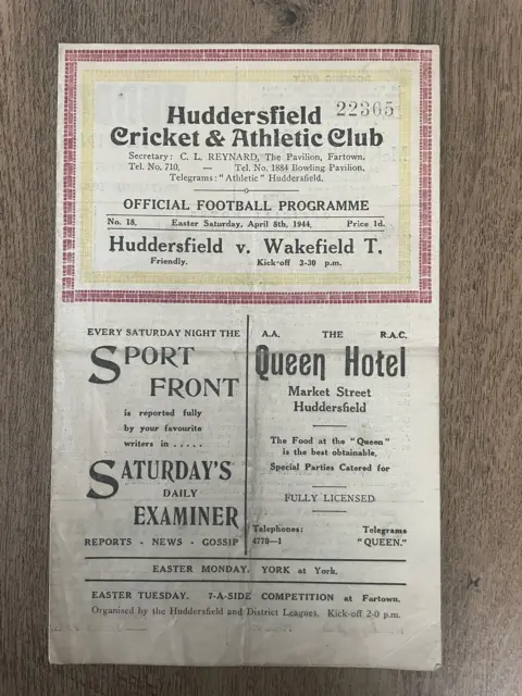 Wartime Rugby League Programme Huddersfield Wakefield Trinity 8th April 1944 War