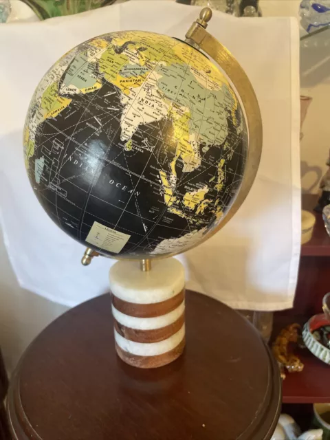 Unique Rare Vintage world globe with Bras Stone And  Wood Tripod 14’’ Tall