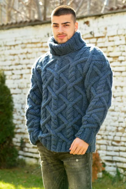 NEW DESIGNER HAND Knitted Wool Sweater Cable Blue Jumper non Mohair ...