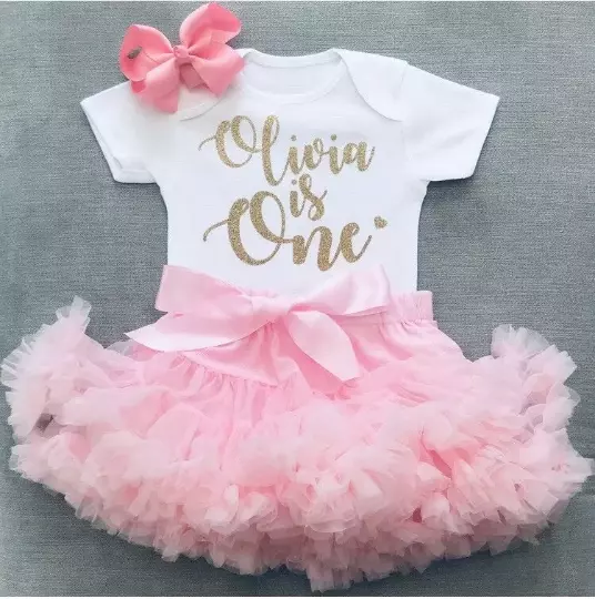 Girls 1st First Birthday Cake Smash Set Outfit Tutu Personalised Pink Gold & Bow