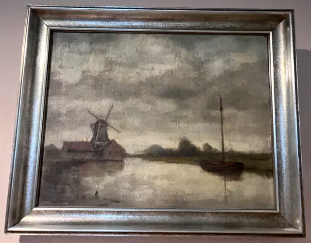 Ölgemälde Ansicht vom Niederrhein, Schiff + Mühle, or 50er J, 70x50cm inclRahmen