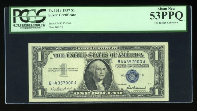 DBR 1957 Silver Fr. 1619 BA Block PCGS 53 PPQ Serial B44357000A