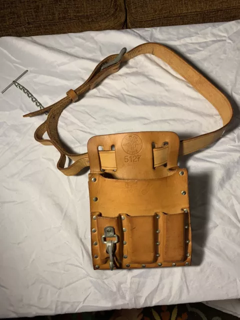 KLEIN 5127 Leather Tool Pouch With Leather Belt Electrician Lineman 6 Pocket-New
