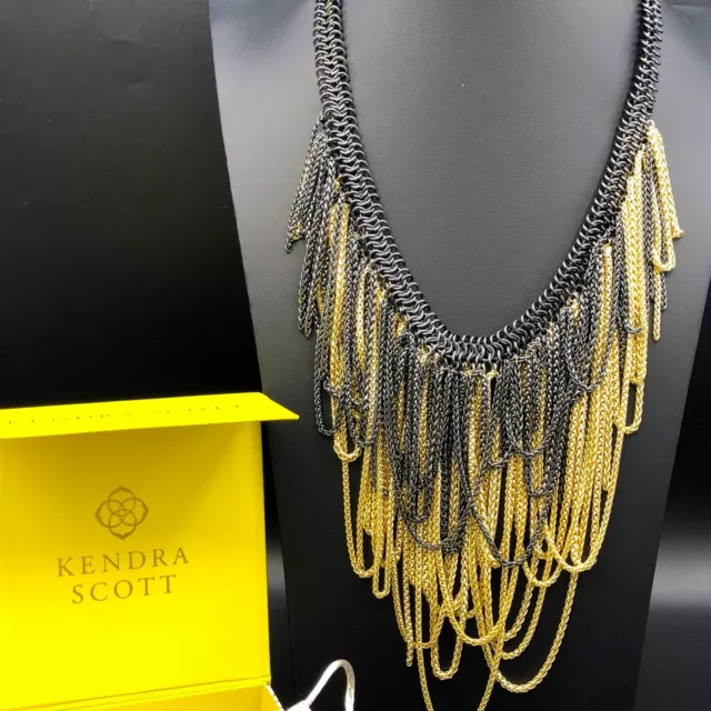 Kendra Scott Necklace 20" Mystic Bazaar Margot Black Gold Chain Fringe Bib w Box