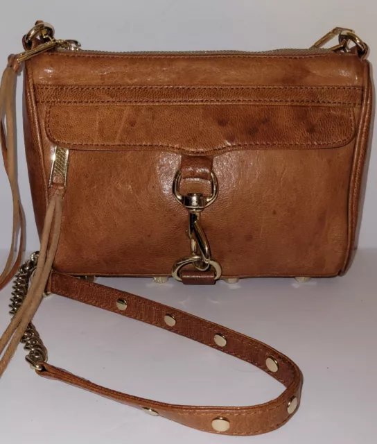 REBECCA MINKOFF Mini Mac Brown Cognac Leather Shoulder Bag Crossbody Chain Studs