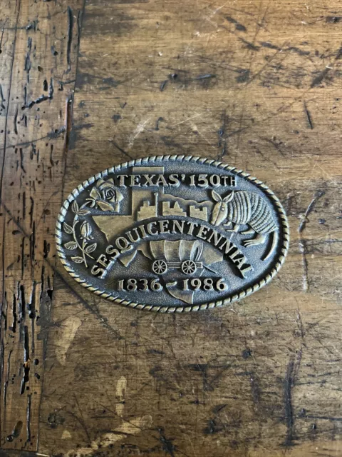 Texas Sesquicentennial Oval Brass Belt Buckle 1836-1986