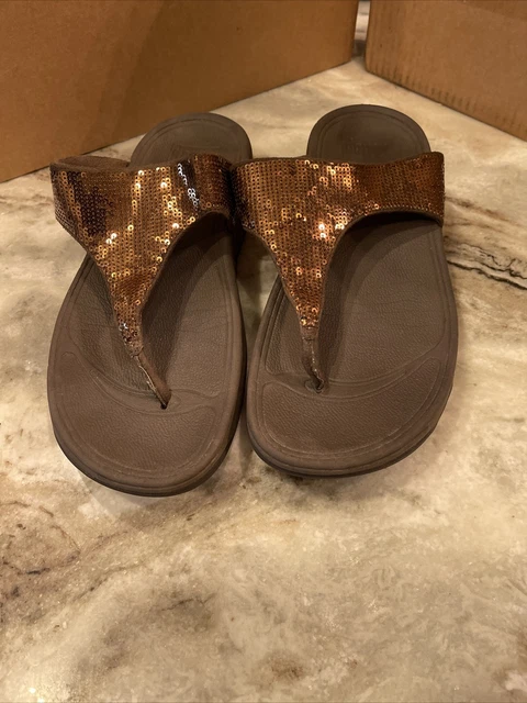 Fitflop Electra Bronze Sequined Thong Flip Flop Wedge AZTEK Sandals Women's 8 M