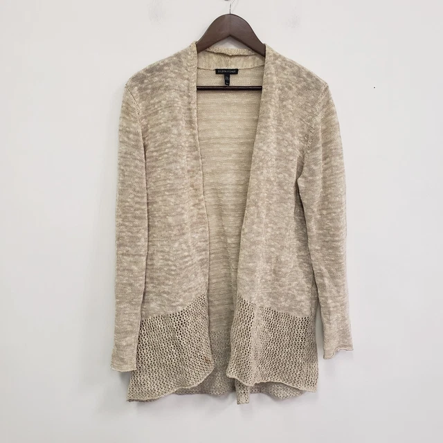 Eileen Fisher Womens Organic Linen Blend Cardigan Size M Oatmeal Open Knit Beach