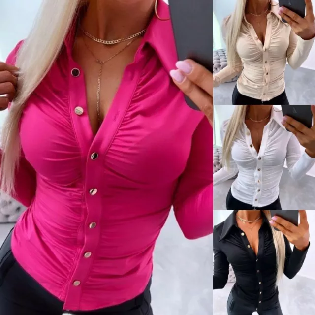 Women's Sexy Long Sleeve Stretch Tee Shirt Tops Button V-Neck Slim Fit T-Shirts