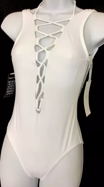 Karla Colletto One Piece Swimsuit White Plunge Lace Up Front Size 6 NWT