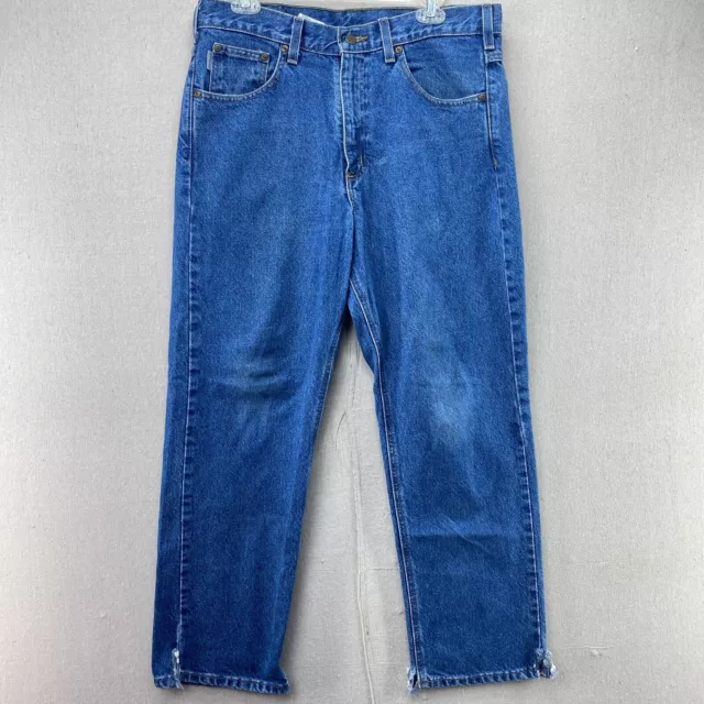 Carhartt Jeans Mens 33 X 30 Relaxed Fit Straight Leg Slit Blue Denim Workwear