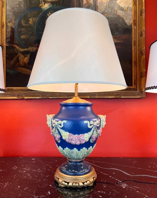 Early 20th Century Italian Renaissance Revival Majolica Table Lamp Silk Shade Early 20th Century Italian Renaissance Revival Majolica Table Lamp Silk Shade