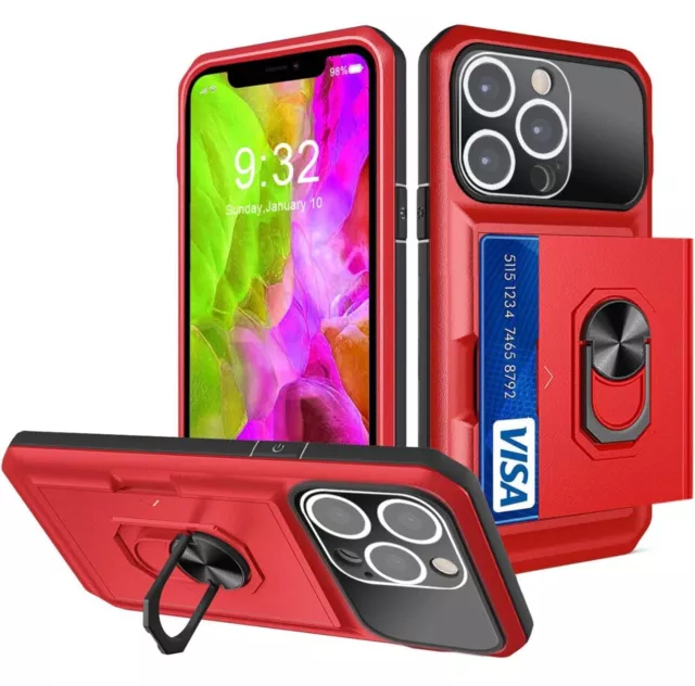 Coolden iPhone 14 Pro 6.1 Case Wallet Armour Card Holder Slot Ring Kickstand Red