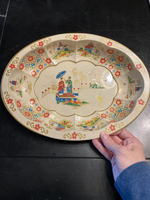 Daher Decorated Ware Oval Bowl Tin Metal Asian Oriental Family Motif England Vtg