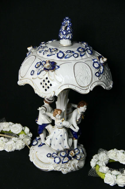 German PLAUE schierholz porcelain Lamp group figurines dancing blue white signed