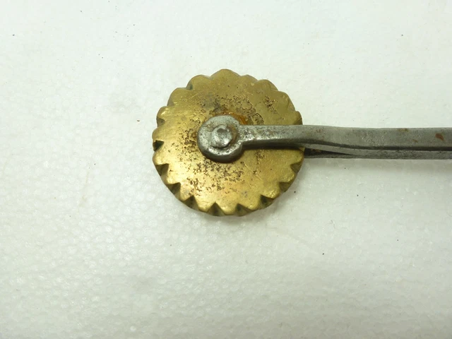 Antique Late 19th Century Pie Crimper Brass Wheel Forged Iron Bracket Maple Hand 3