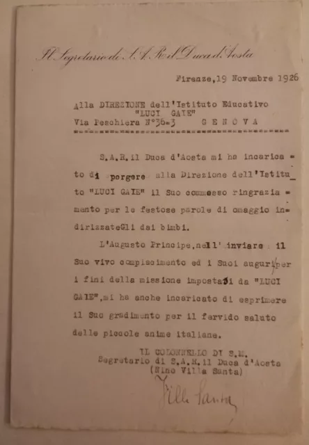 Lettera Autografa Generale Nino Villa Santa, 1926, Segeratrio Duca D'aosta. Vedi