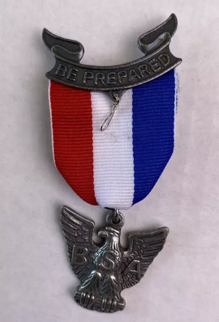 Boy Scouts Eagle Scout Be Prepared Silver BSA  Medal and Ribbon Red White Blue