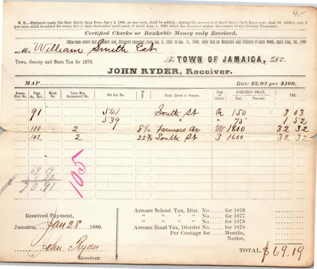1879 Jamaica, NY Letterhead Town Country State (Property) Tax $2.02 per $100