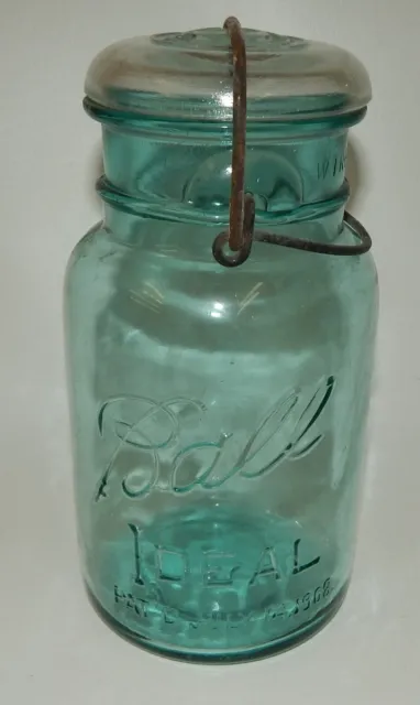 Blue Ball Ideal Quart Canning Jar Patent July 4 1908 - Wire Bail Clear Glass Lid