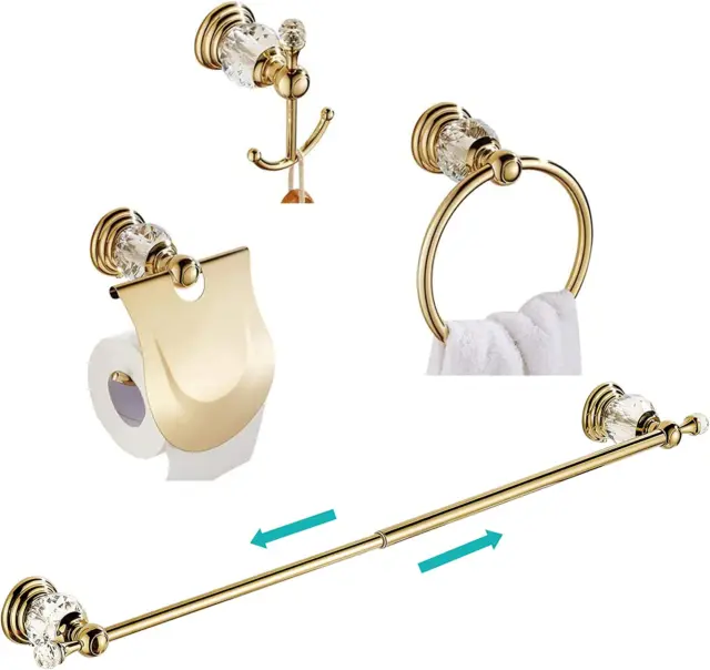 Gold Bathroom Accessories, Adjustable Crystal Towel Bar Set, Golden Hardware Set